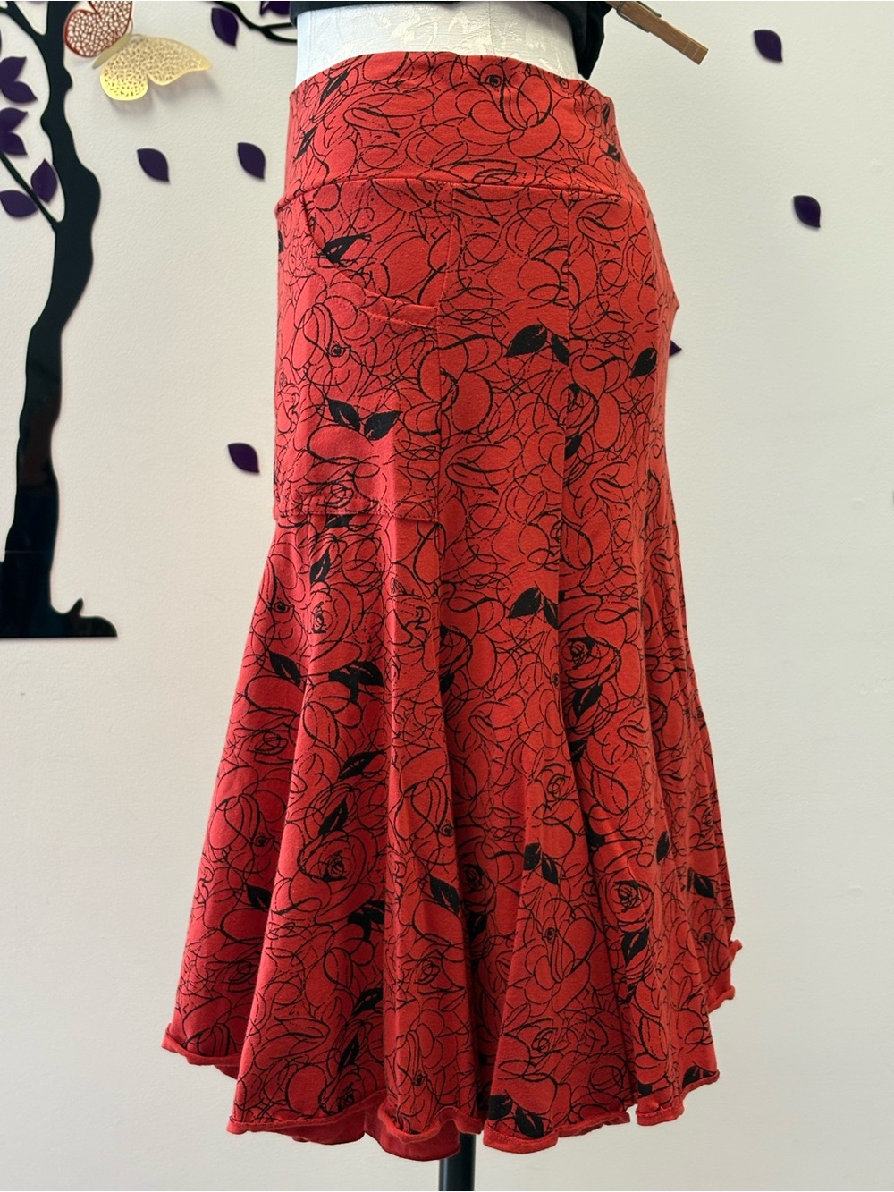 Effie's Heart Red Floral Midi Skirt with Black Print - Picture 3 of 7